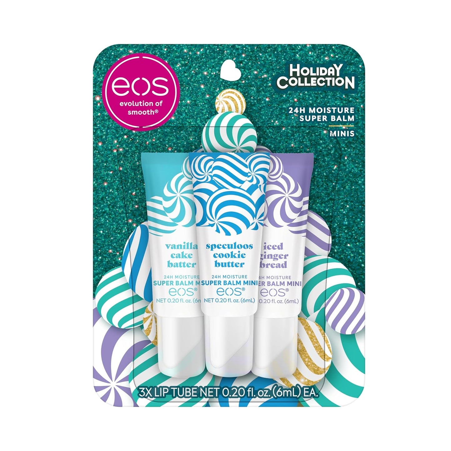 eos Holiday 24H Moisture Mini Super Balm Set- Speculoos Cookie Butter, Iced Gingerbread, Vanilla Cake Batter, Limited-Edition Lip Care,  0.20 fl oz, 3-Pack