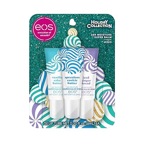 eos Holiday 24H Moisture Mini Super Balm Set- Speculoos Cookie Butter, Iced Gingerbread, Vanilla Cake Batter, Limited-Edition Lip Care,  0.20 fl oz, 3-Pack